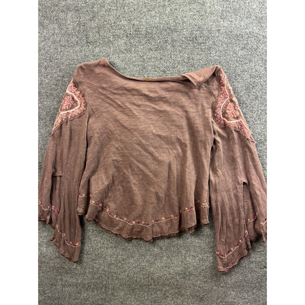 Free People Embroidered Top Womens XS Brown Long Sleeve Boho Blouse 68050 - Picture 6 of 6